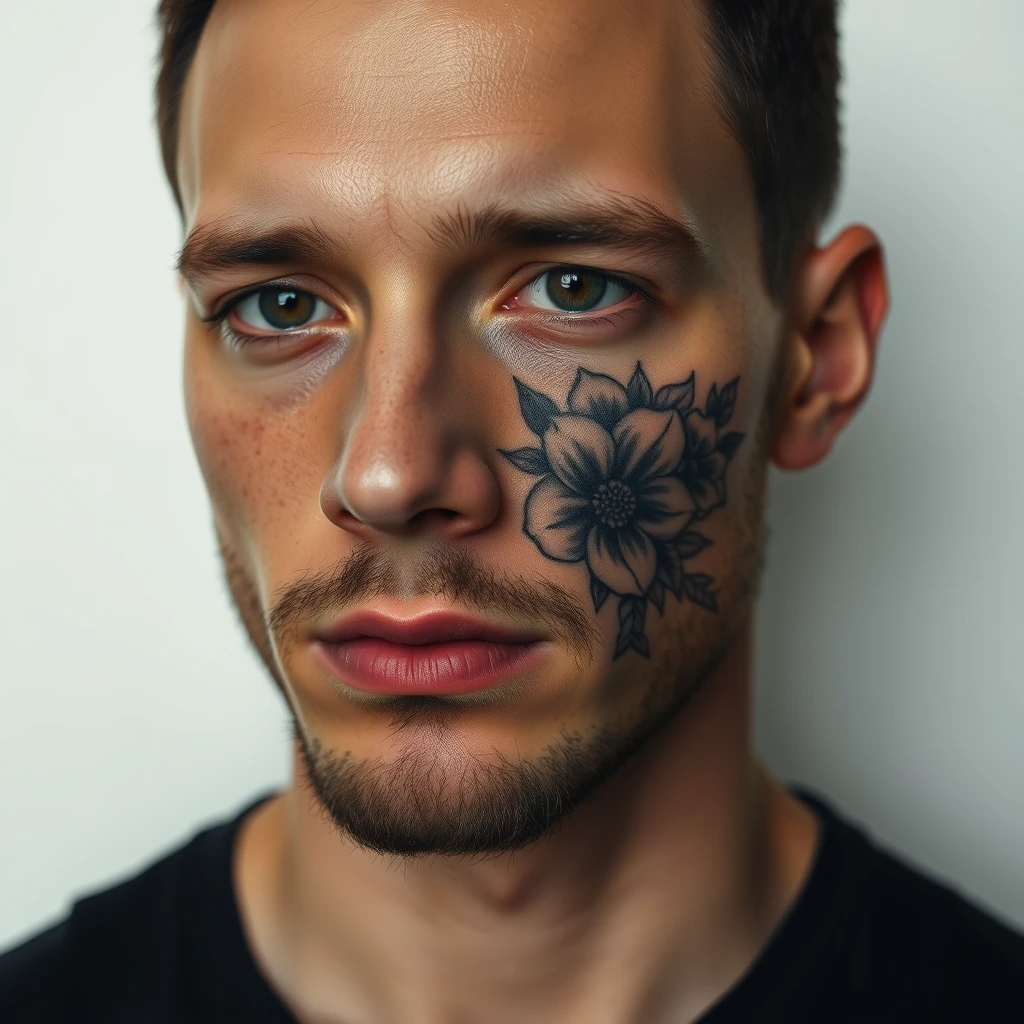 Tattoo of summer flowers, geometric style, black and white on face, for men