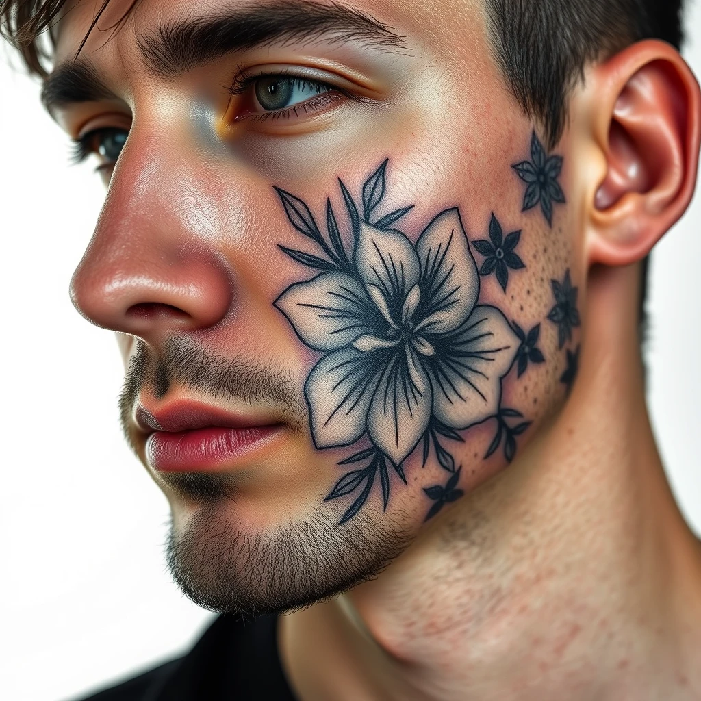 Tattoo of summer flowers, single-needle, black and white, on man's face.