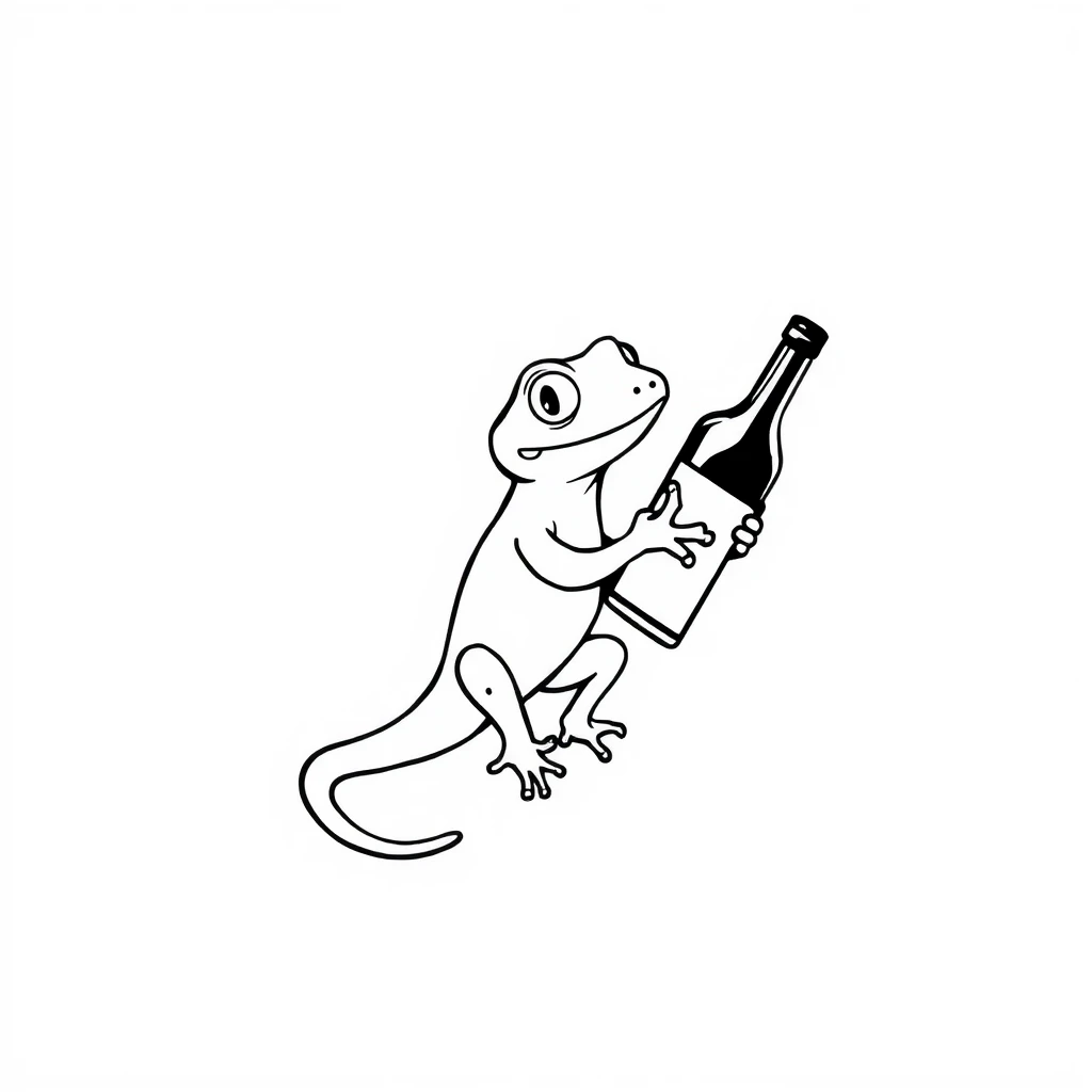 Tattoo of cute lizard holding wine bottle, minimalist, black and white