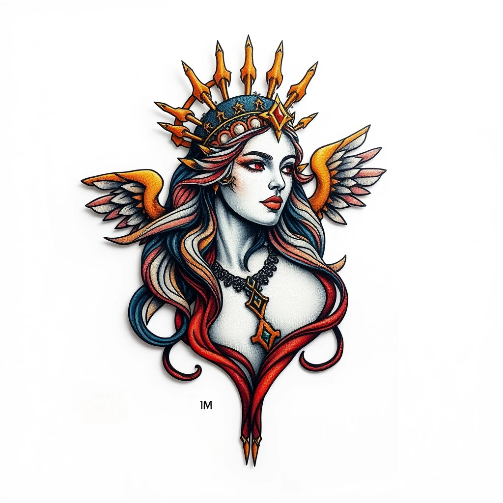 Vibrant Minerva tattoo with crown and wings