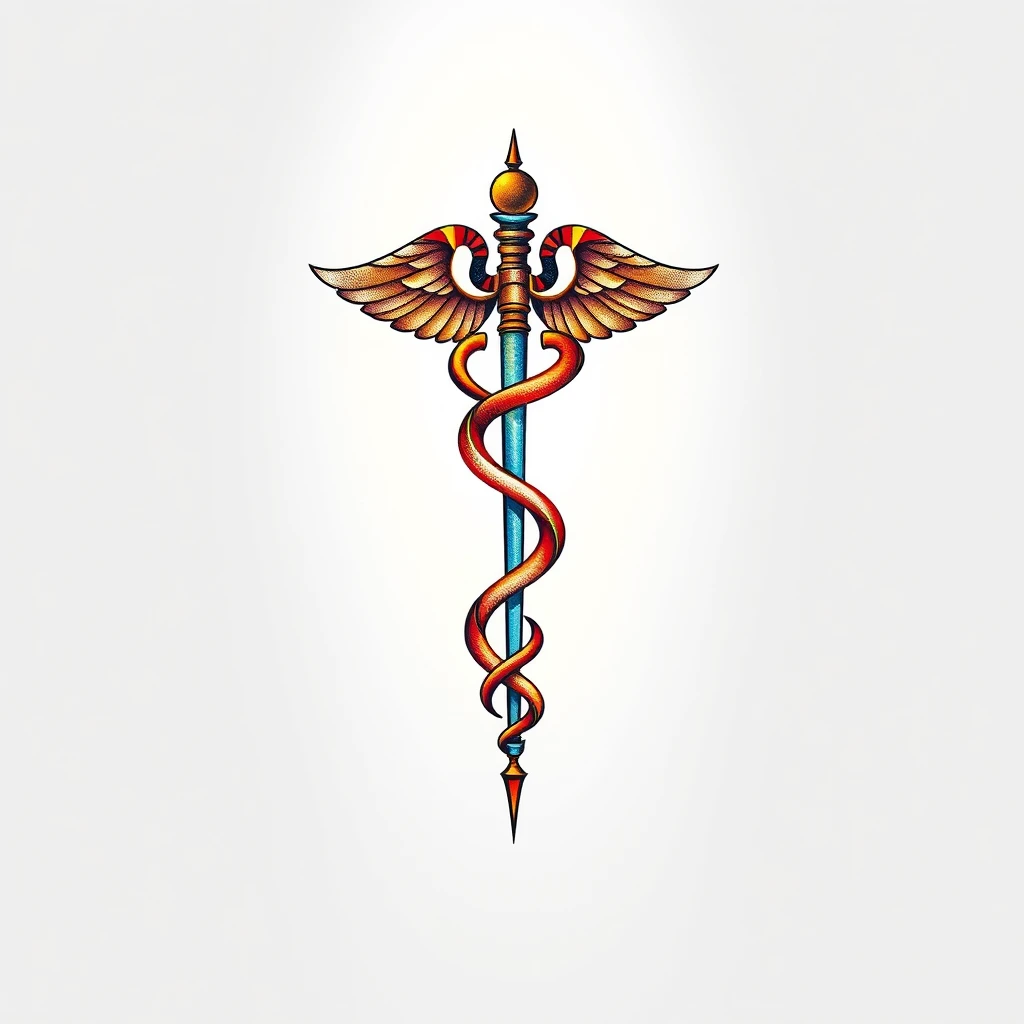 Colorful Caduceus tattoo with wings and snakes