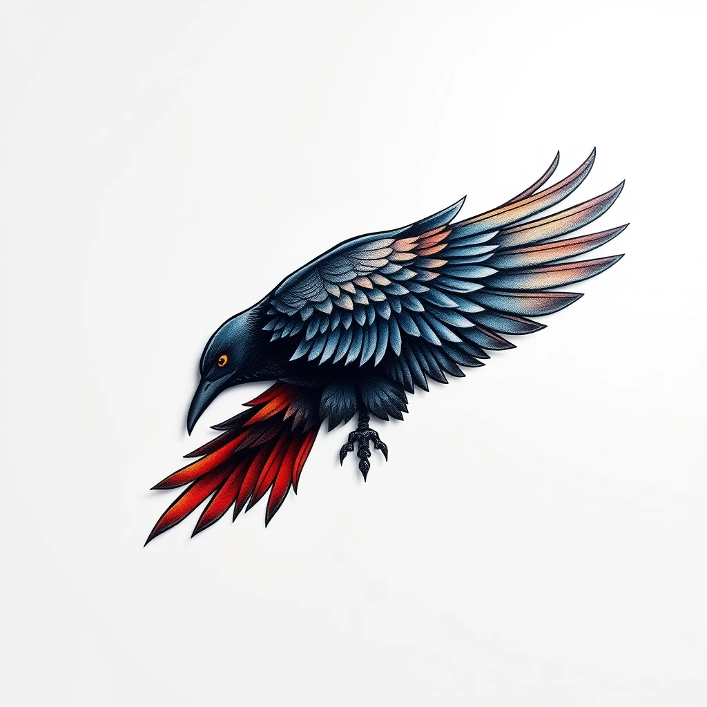 Vibrant raven tattoo with red and black feathers