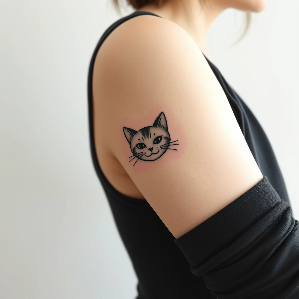 Tattoo of cute smiling cat in minimalist black and white on woman's armpit