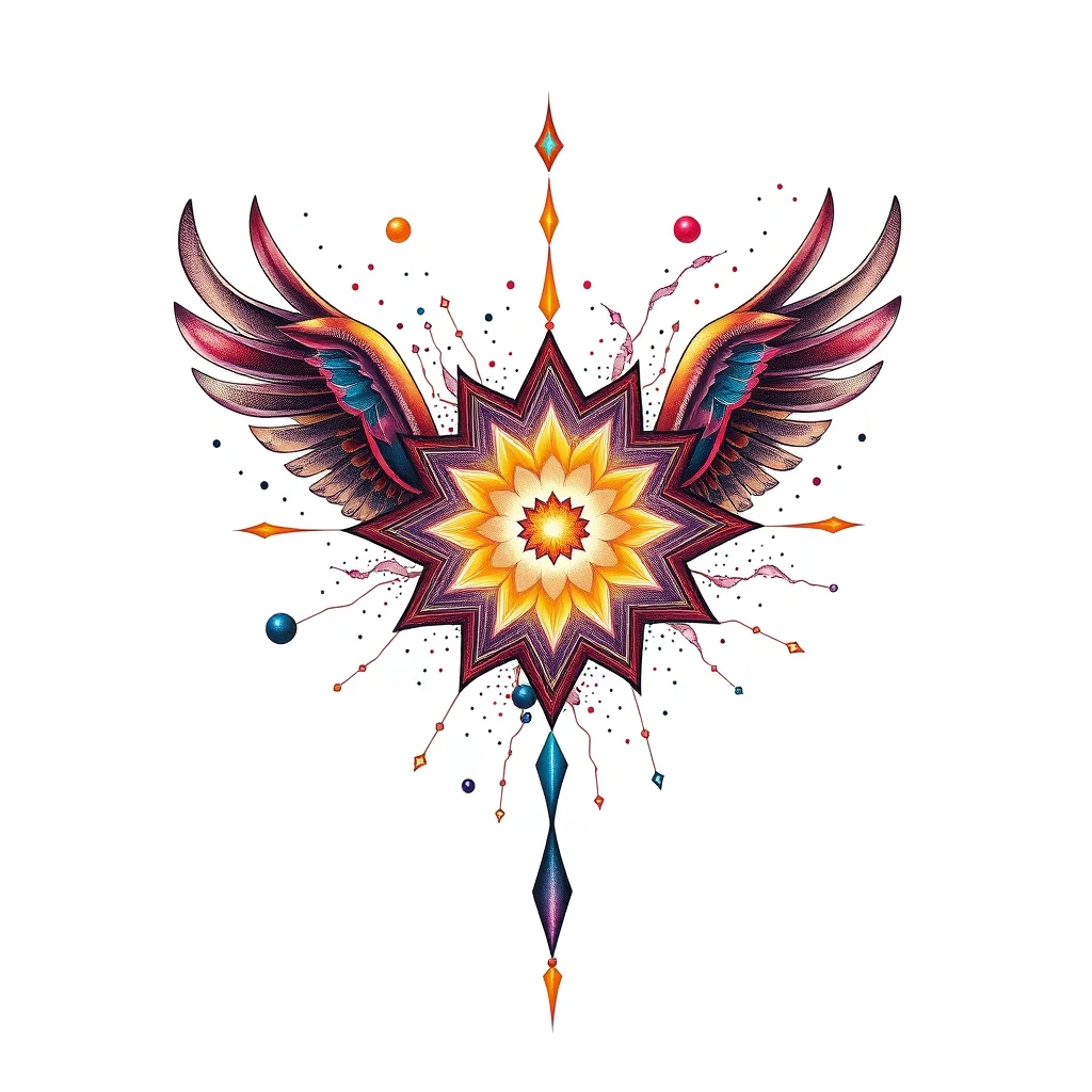 Colorful Cosmos tattoo with wings and stars