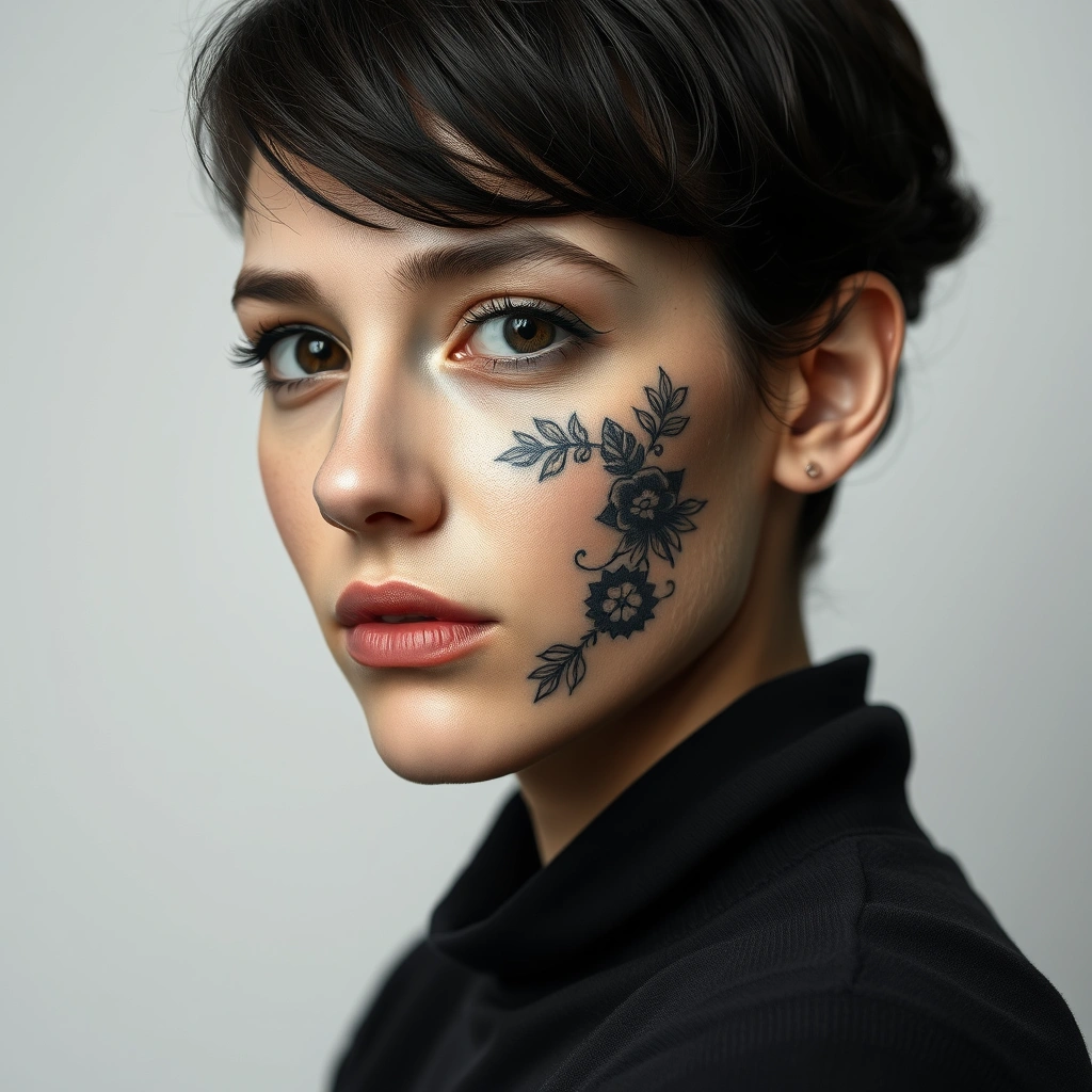 Tattoo of Tatatuz on women's face, black and white, realistic style