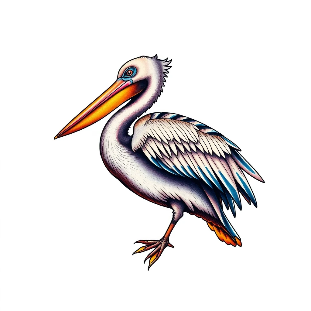 Colorful pelican tattoo with vibrant details