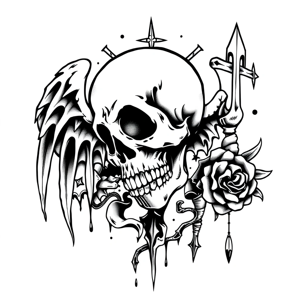 Tattoo design of memento mori in New School style, black and white illustration.