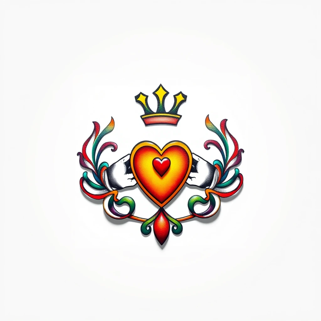 Colorful Claddagh tattoo with heart and crown