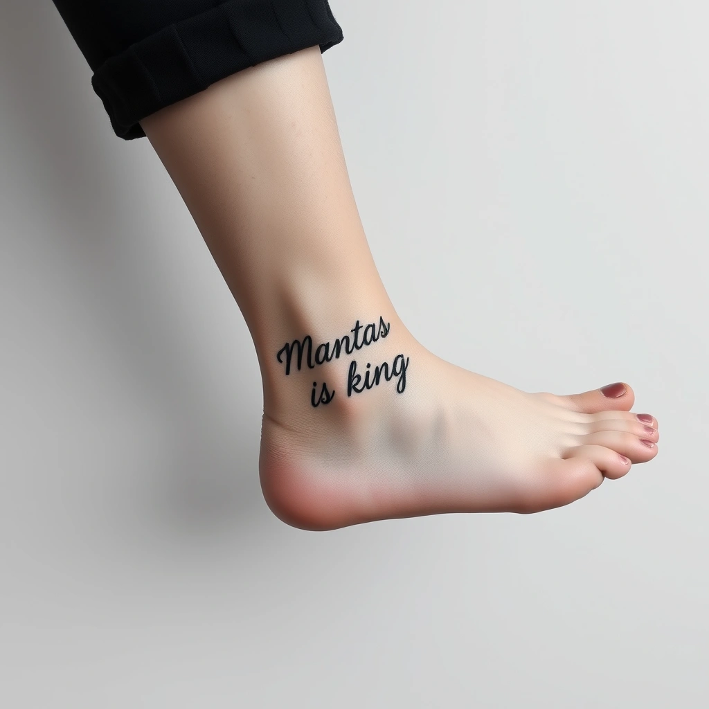 Realistic black and white tattoo 'Mantas is king' on women's ankle