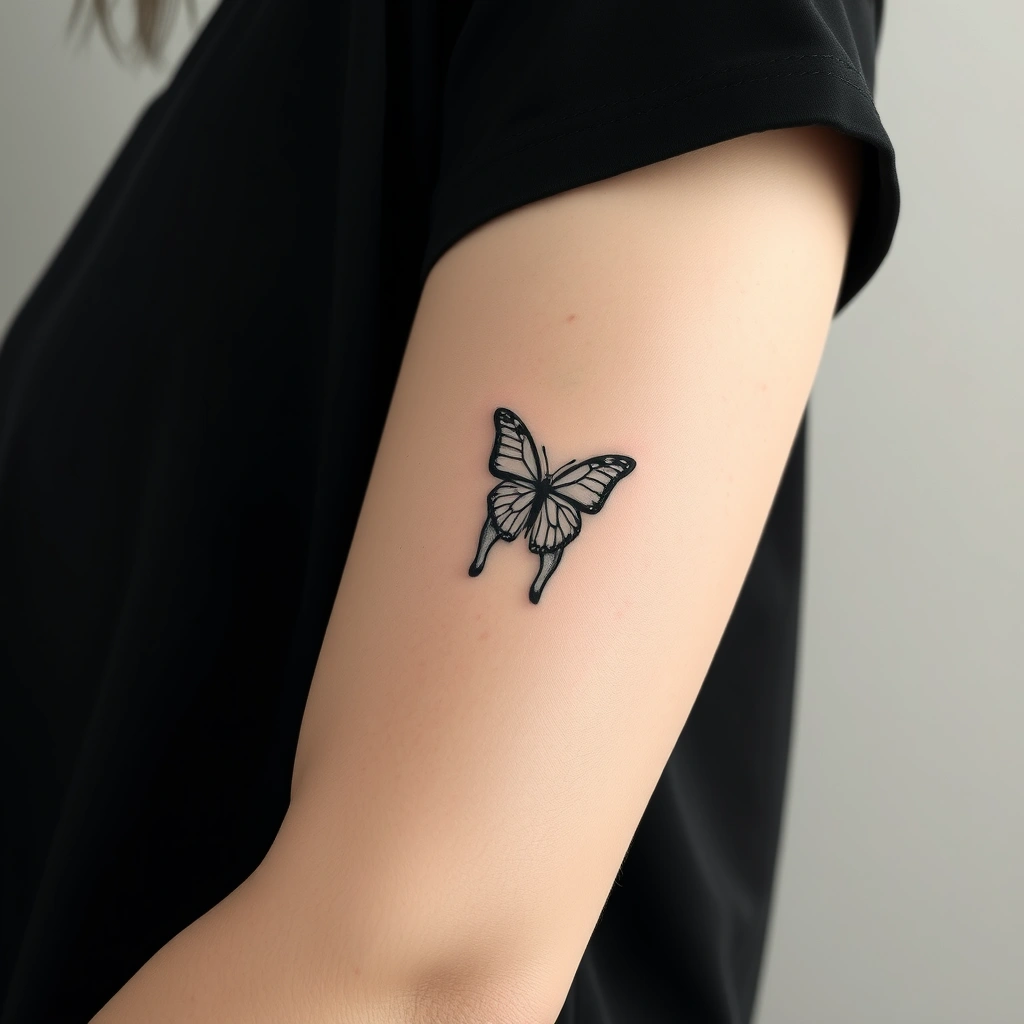 Tattoo of minimalistic tiny dog and butterfly on Women's Arm in black and white.