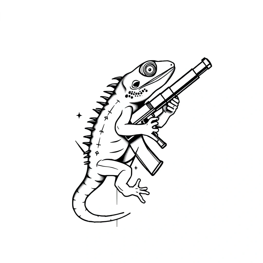 Tattoo of lizard with gun in Minimalist style, black and white design