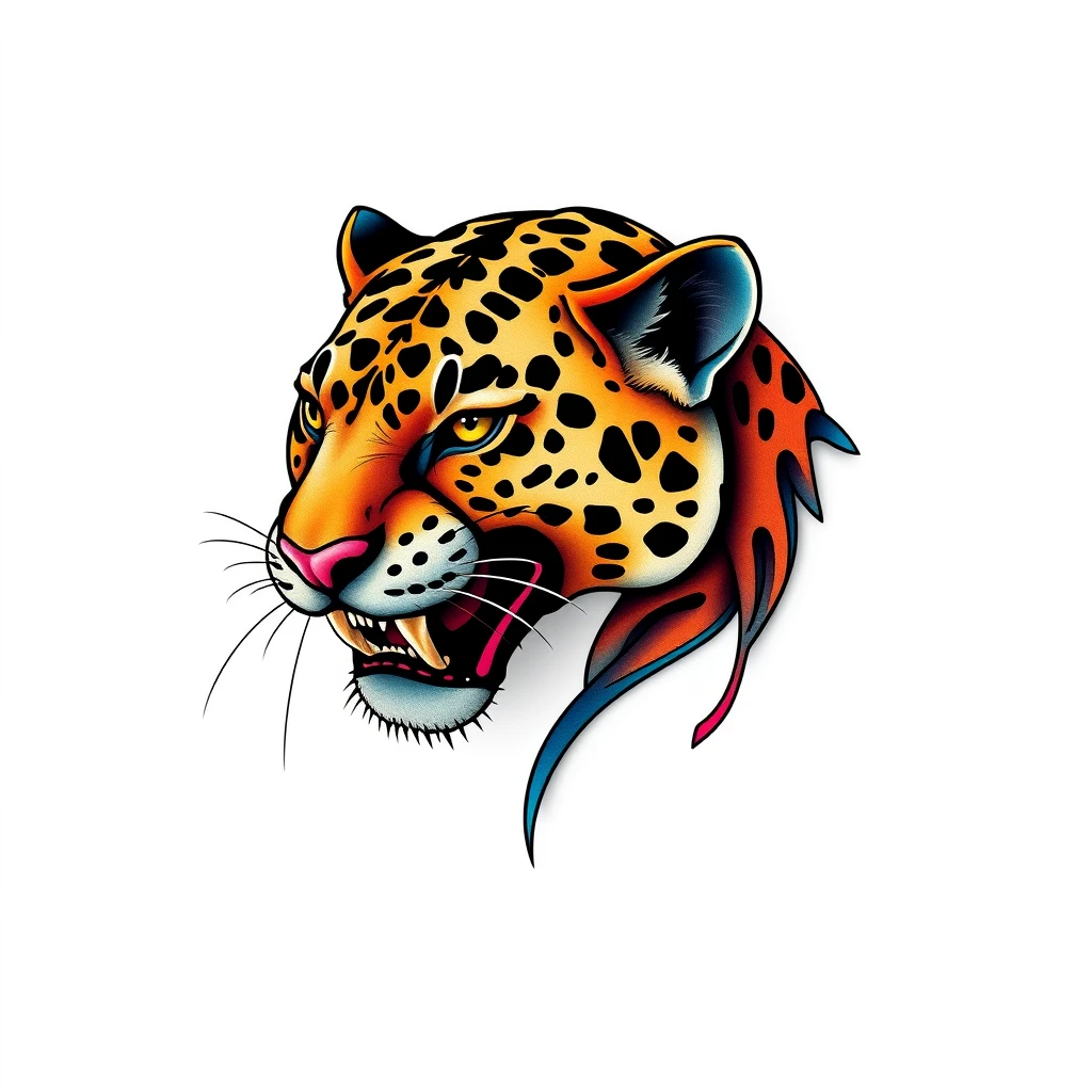 Colorful jaguar tattoo with fierce expression