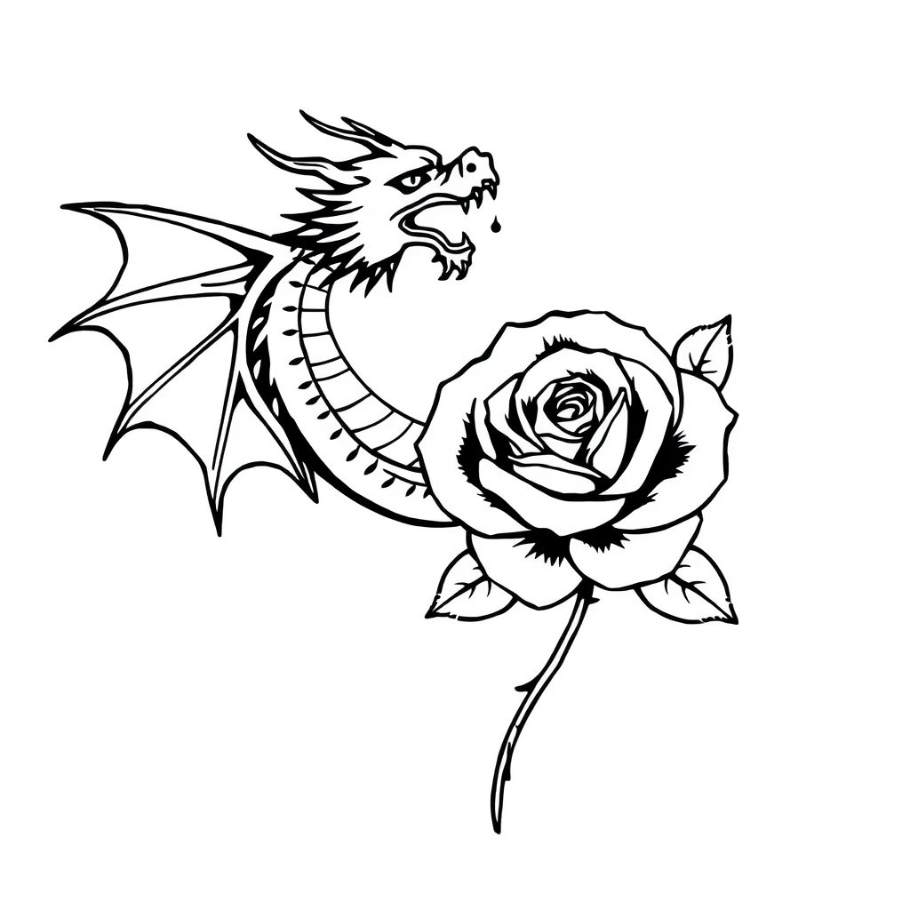 Tattoo of dragon and rose in minimalist black and white