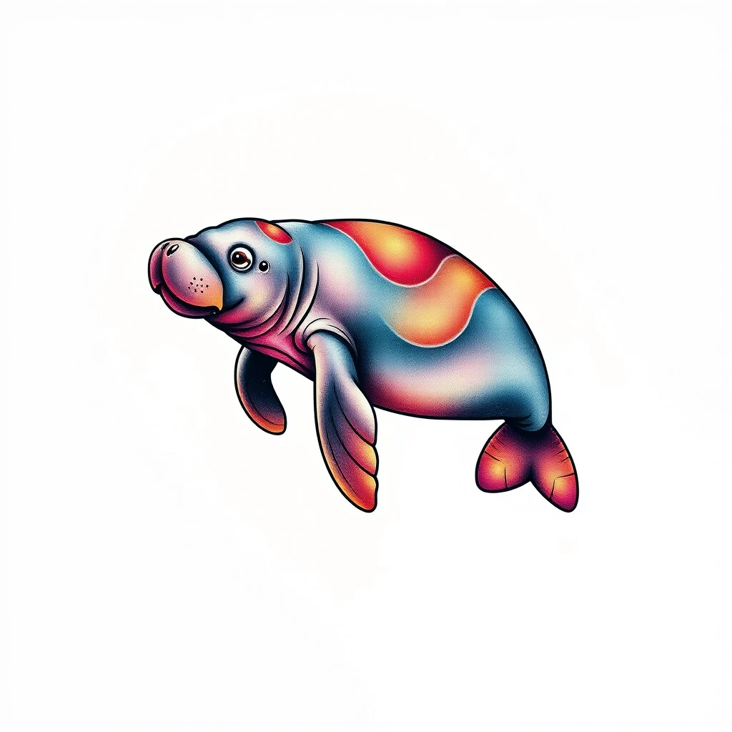 Colorful manatee tattoo with vibrant patterns