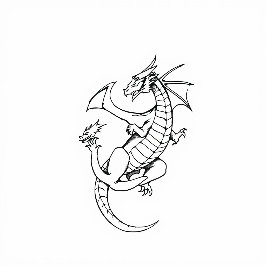 Tattoo of dragon holding another dragon, minimalist style, black and white