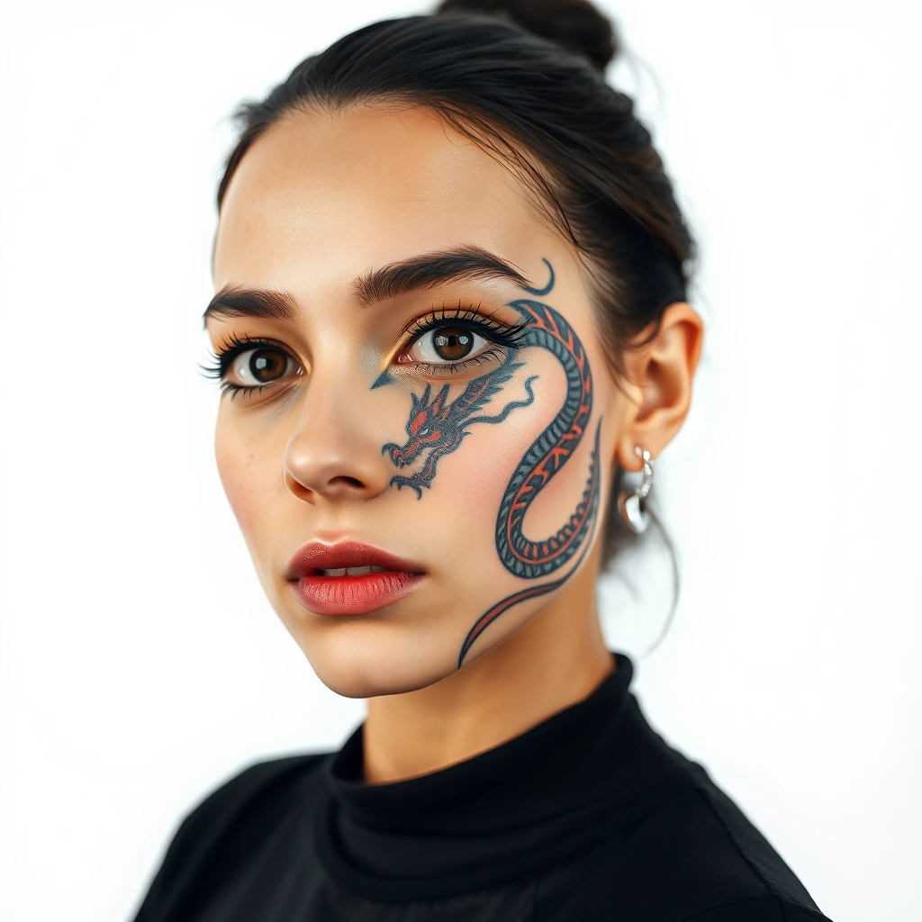 Colorful dragon portrait tattoo on woman's face