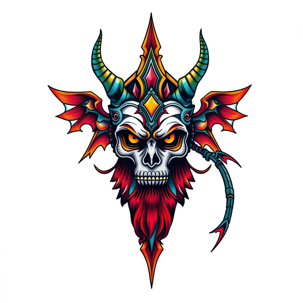 Colorful Archon tattoo featuring skull and horns