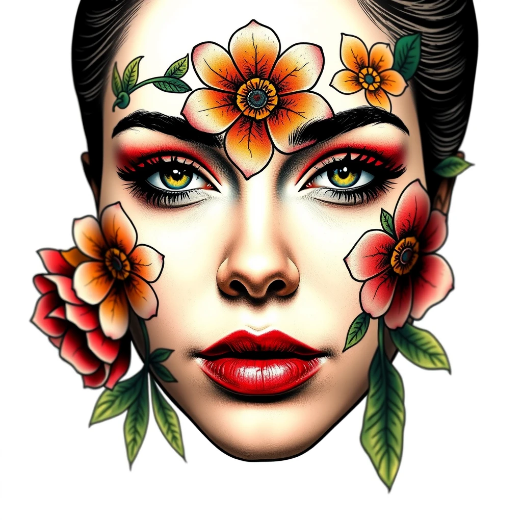 Tattoo design of colorful summer flowers portrait