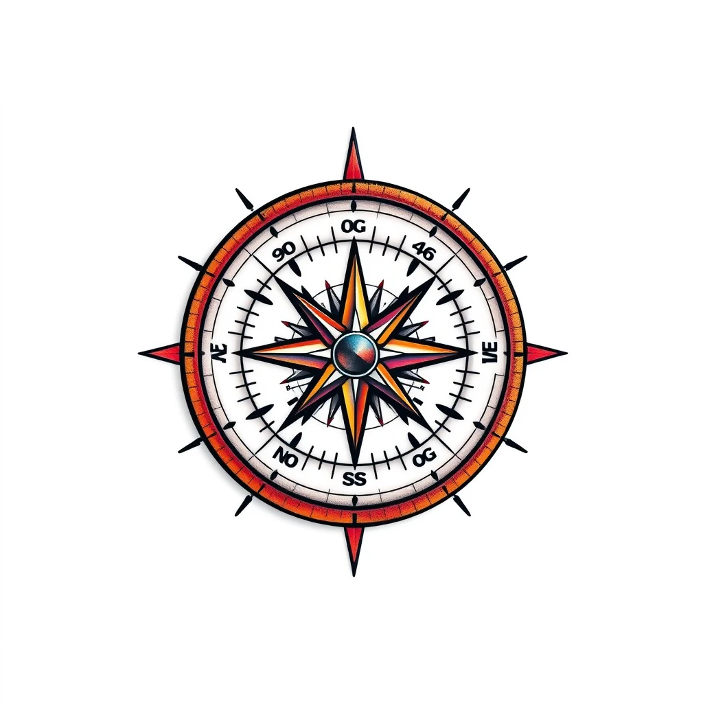 Compass with coordinates tattoo in vibrant colors