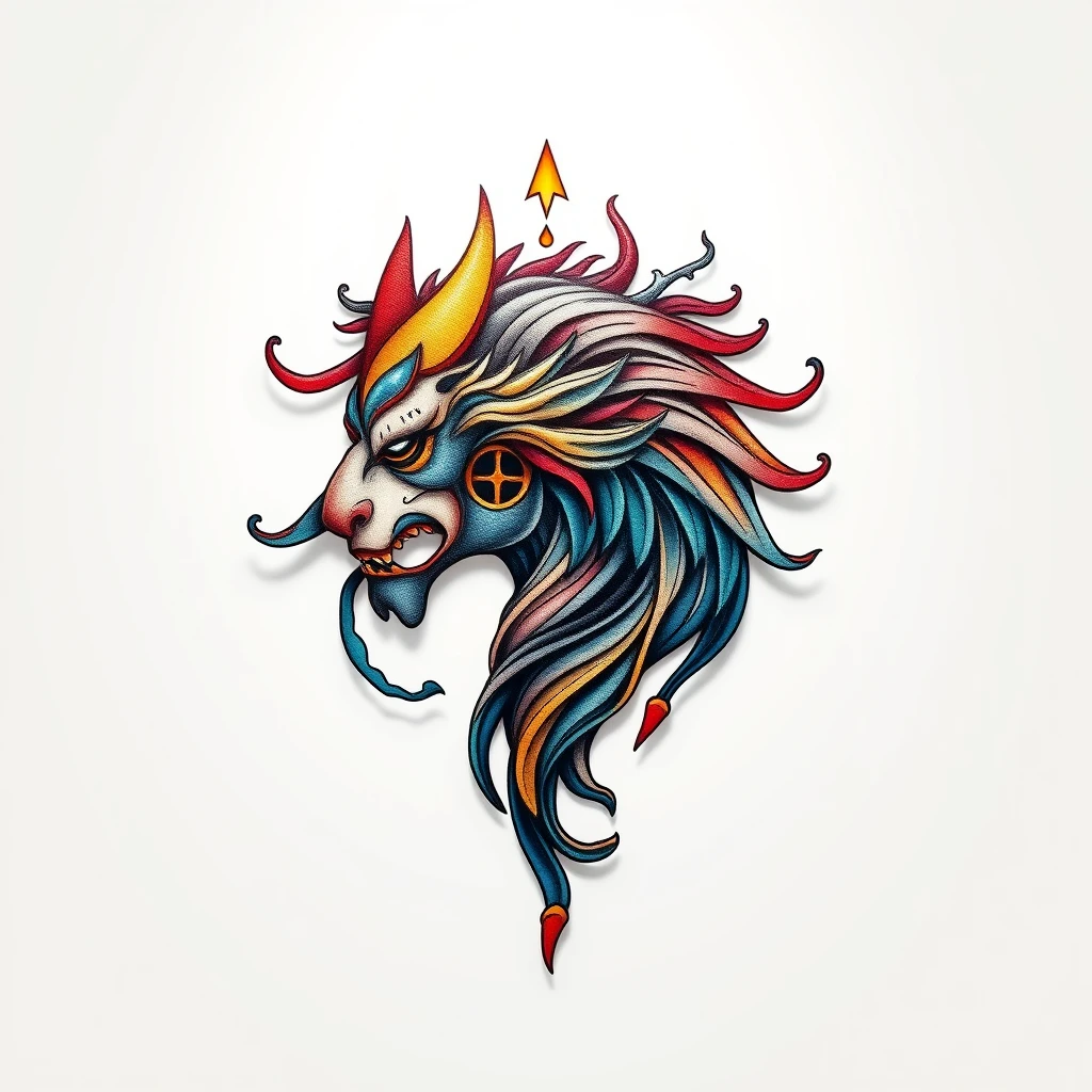 Colorful allegory tattoo of a lion's head