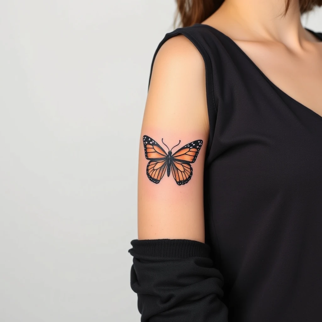 Colorful minimalist butterfly tattoo on women's sleeve