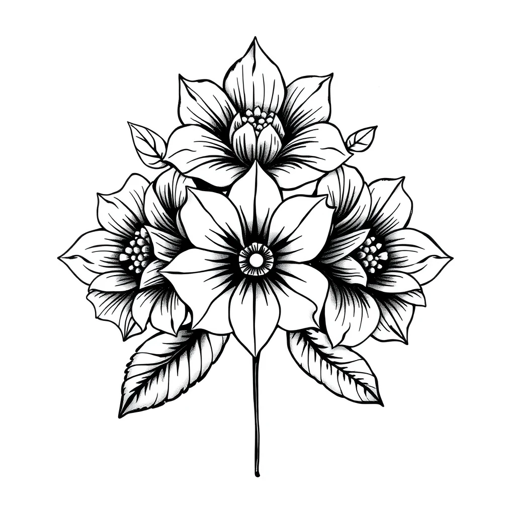 Tattoo design of summer flowers, geometric style, black and white