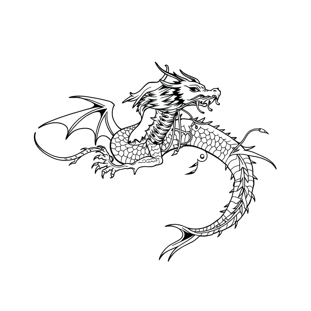 Tattoo of a dragon in Linework style, black and white