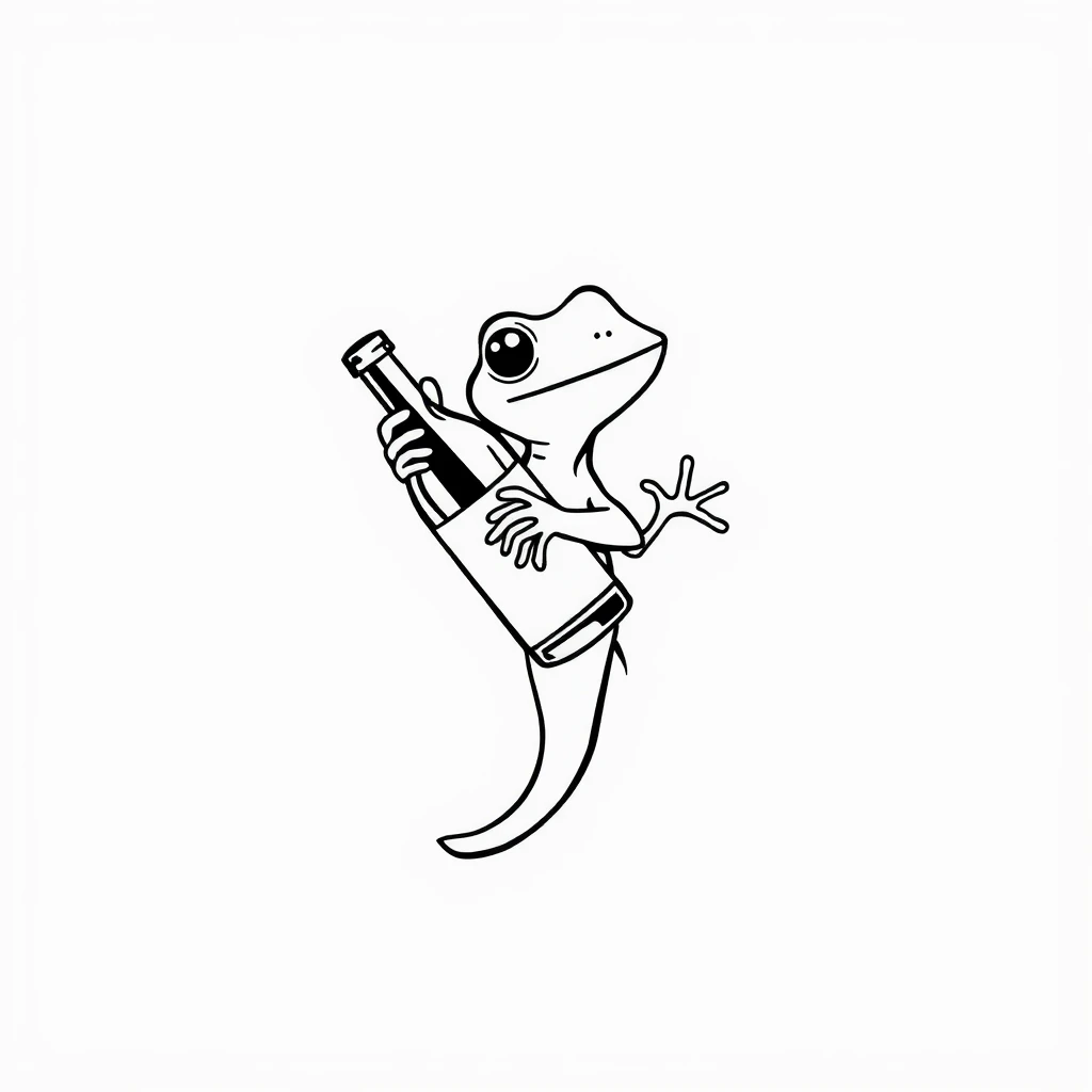 Tattoo of cute lizard holding wine bottle in minimalist black and white style