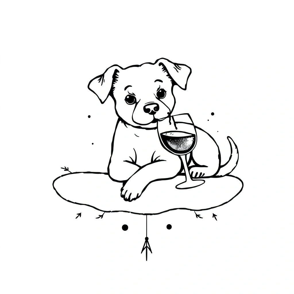 Tattoo of cute dog drinking wine, minimalist style