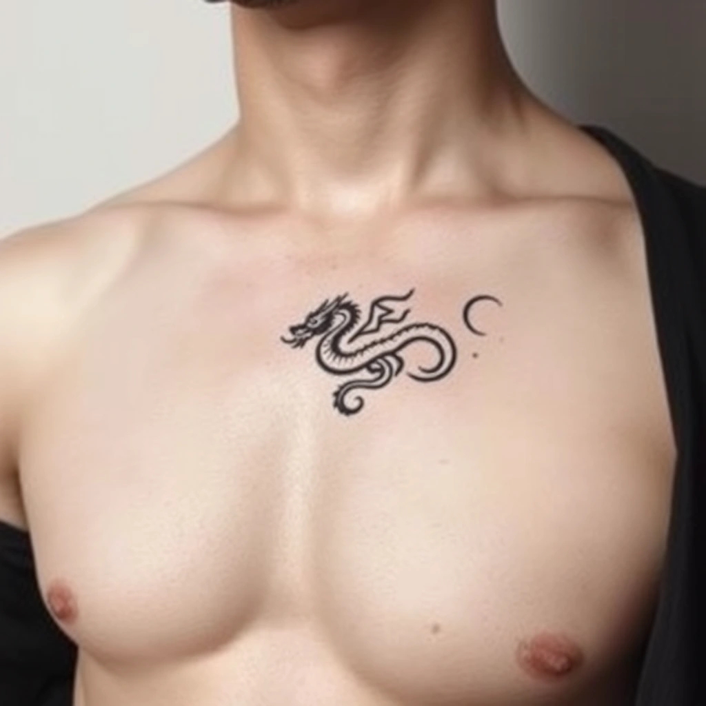 Minimalist black and white dragon tattoo on men's chest