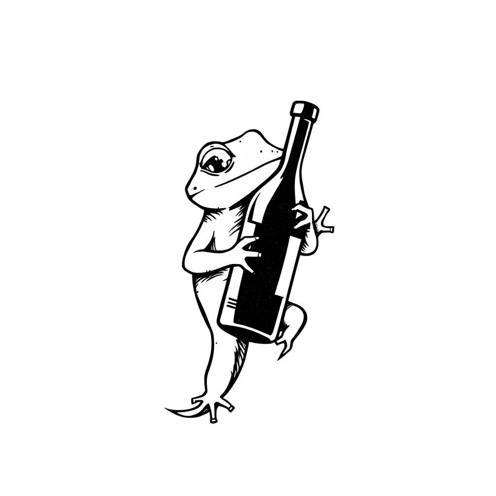 Tattoo of cute lizard holding wine bottle, Minimalist, black and white