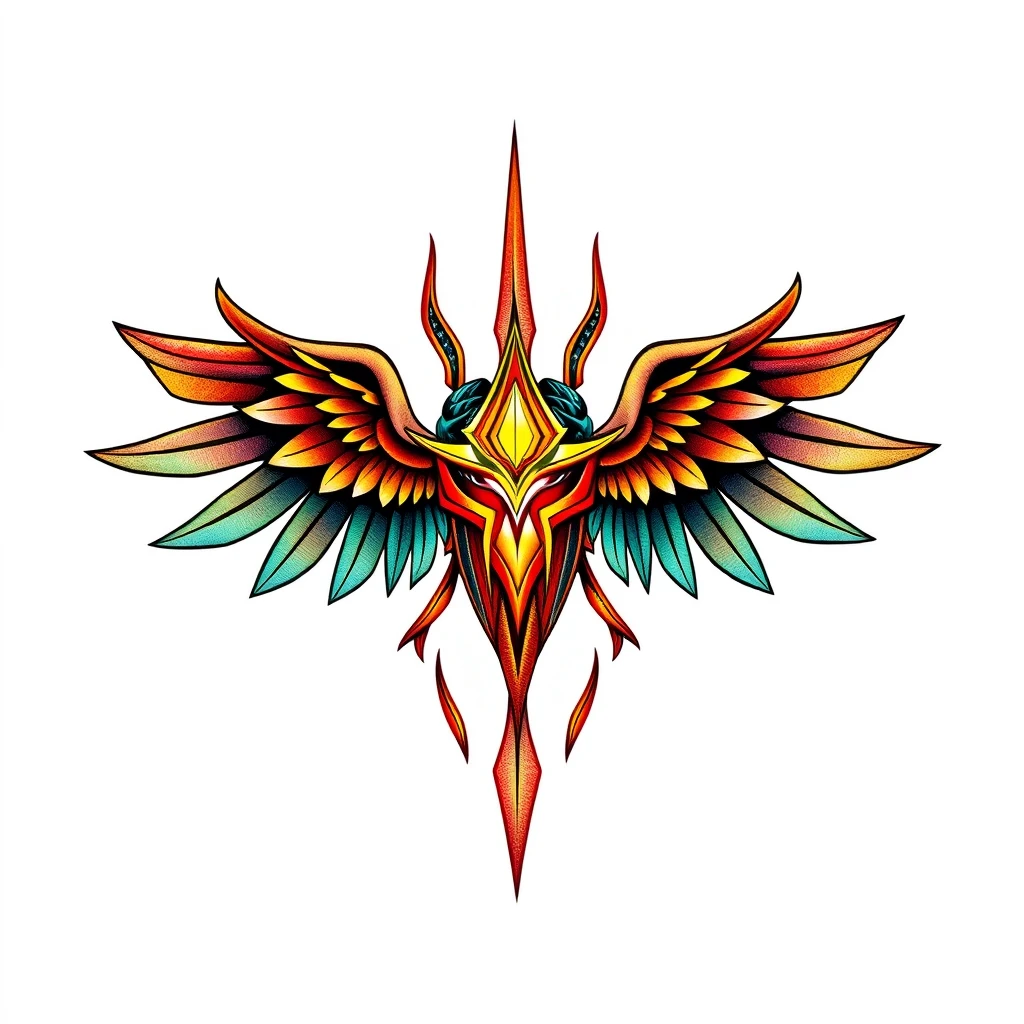 Vibrant Paragon tattoo featuring wings and colors.