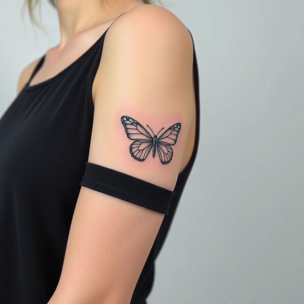 Colorful butterfly tattoo in Minimalist style on women's sleeve