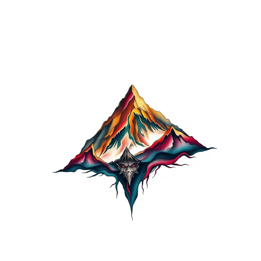 Vibrant mountain tattoo with mystical design.