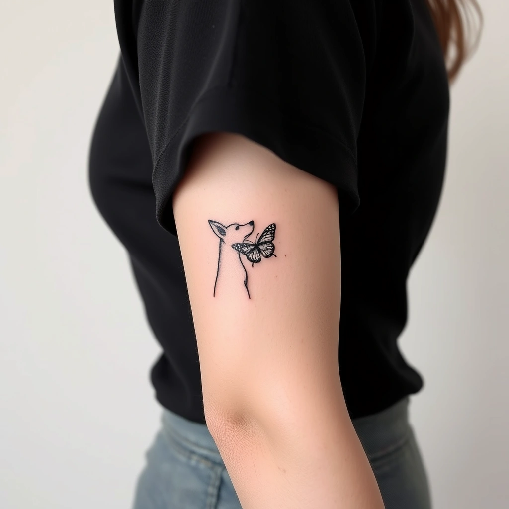 Tattoo of dog looking at butterfly, minimalist, black and white, on women's armpit.