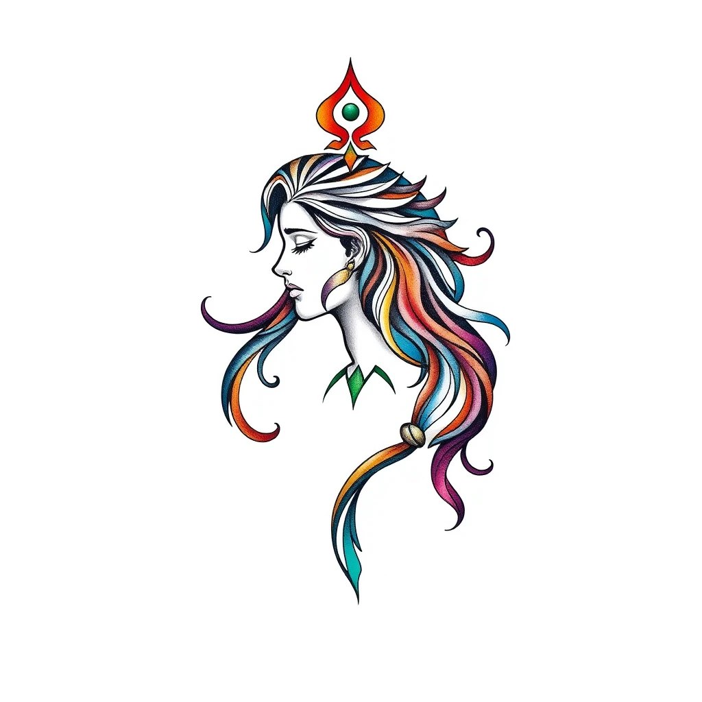 Colorful Theia tattoo design with flowing hair