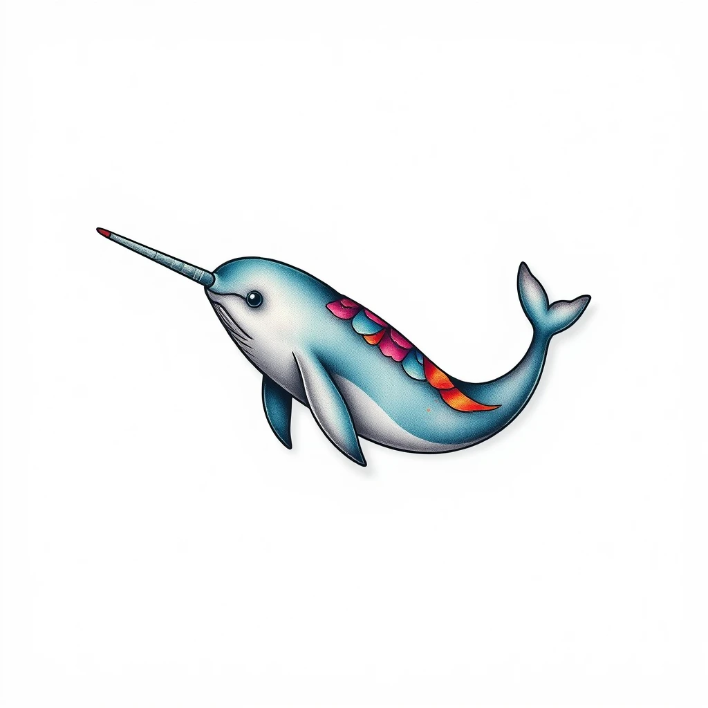 Colorful Narwhal tattoo with decorative fins