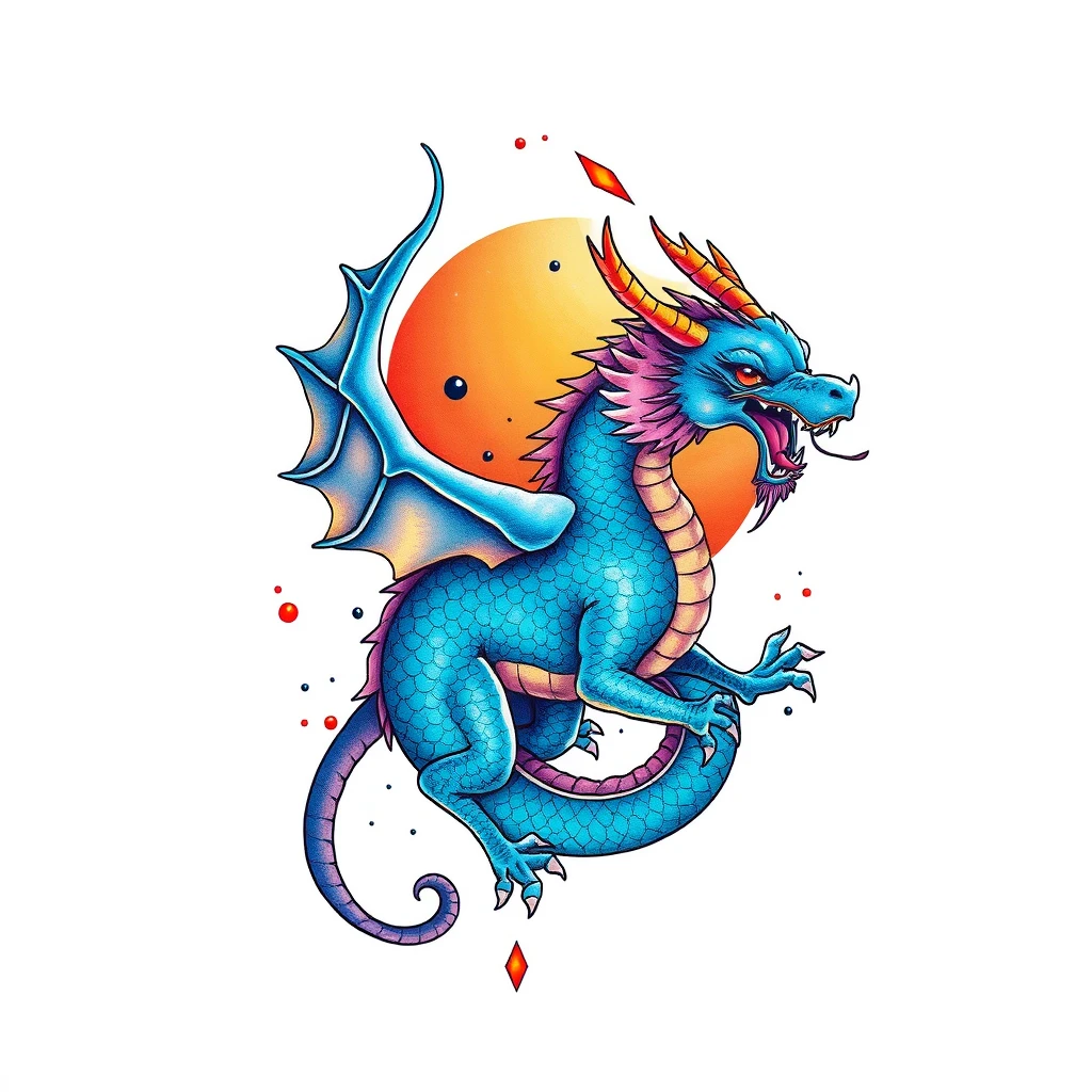 Surreal colorful tattoo design of blue dragon