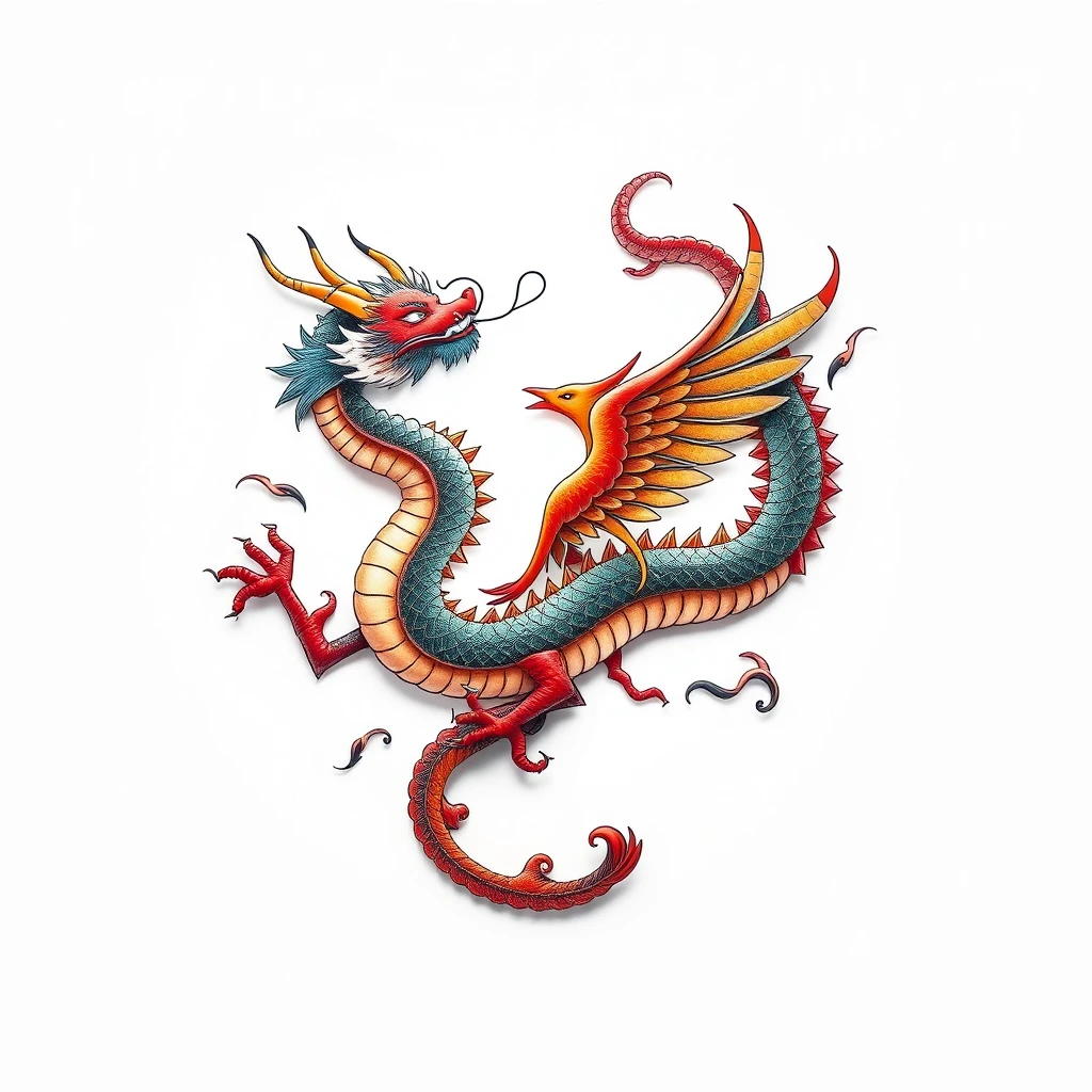 Vibrant dragon and phoenix tattoo design