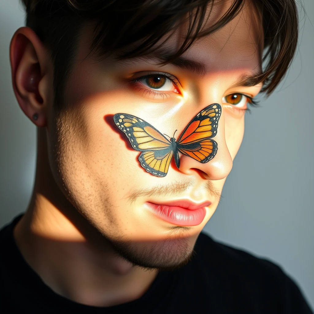 Colorful butterfly with shadows portrait tattoo on men's face