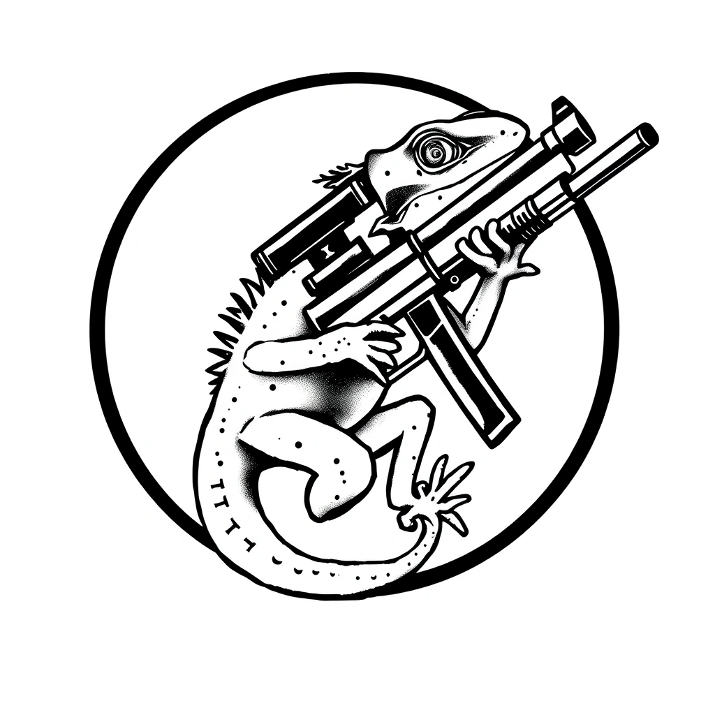 Tattoo of lizard with gun in Minimalist style, black and white design