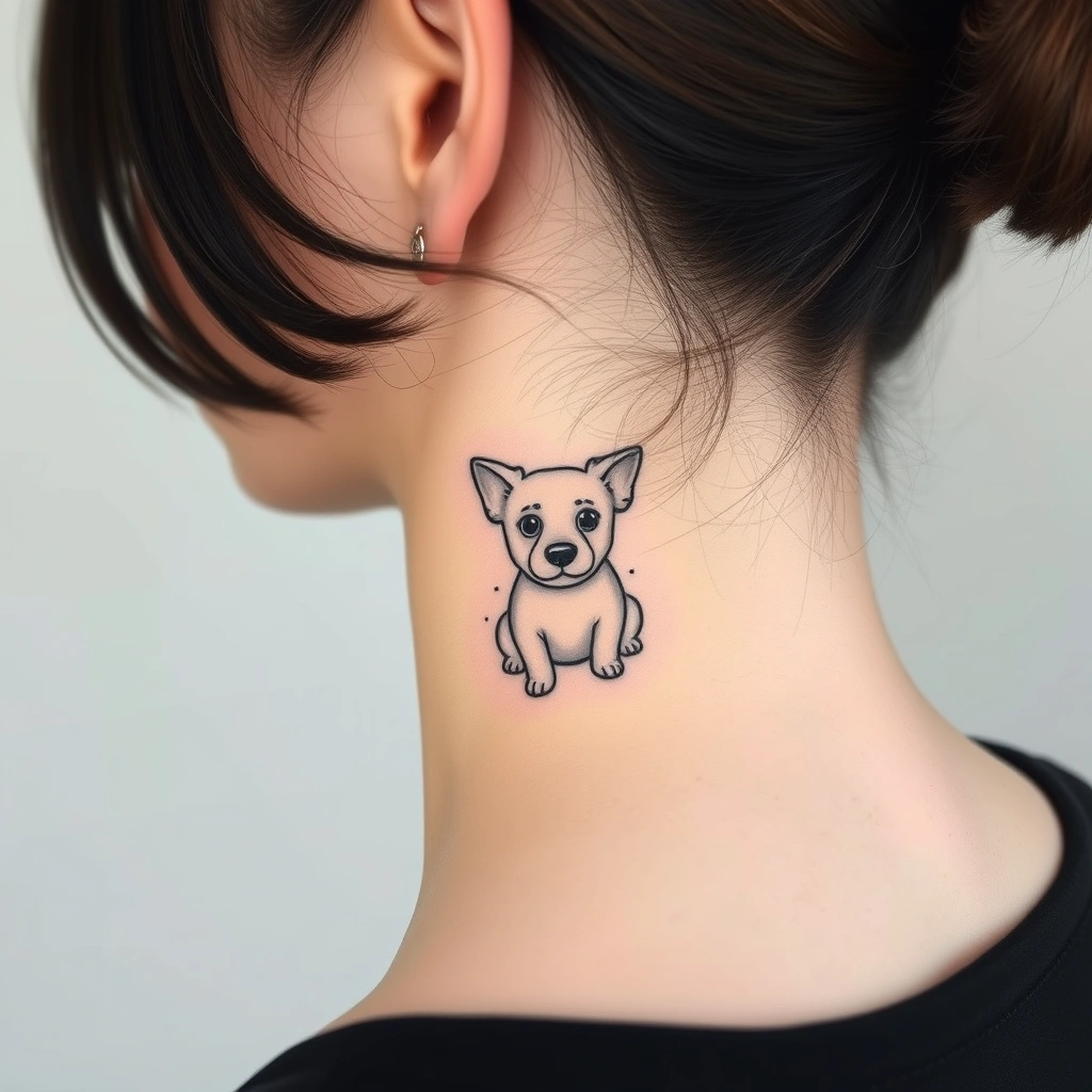 Tattoo of cute dog, Minimalist style, black and white, on women's behind the ear.