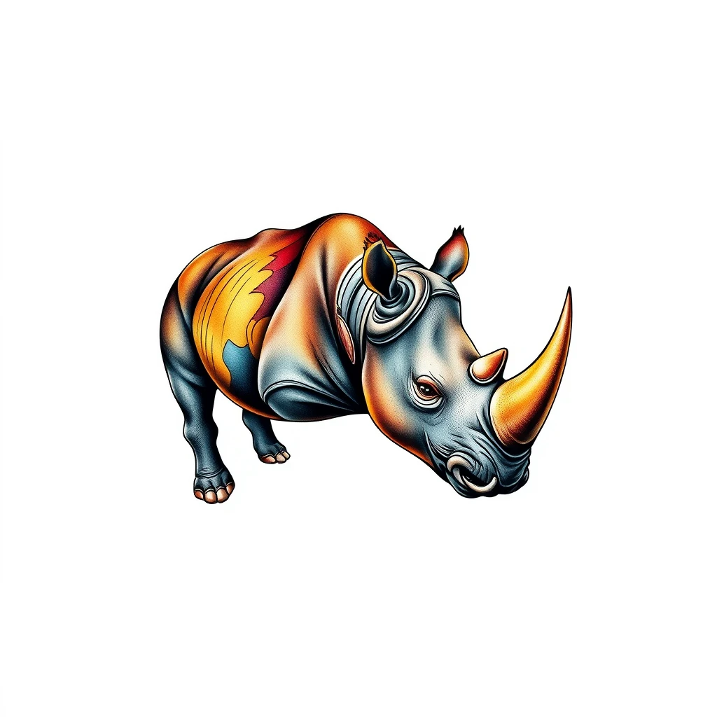 Colorful rhino tattoo with artistic details