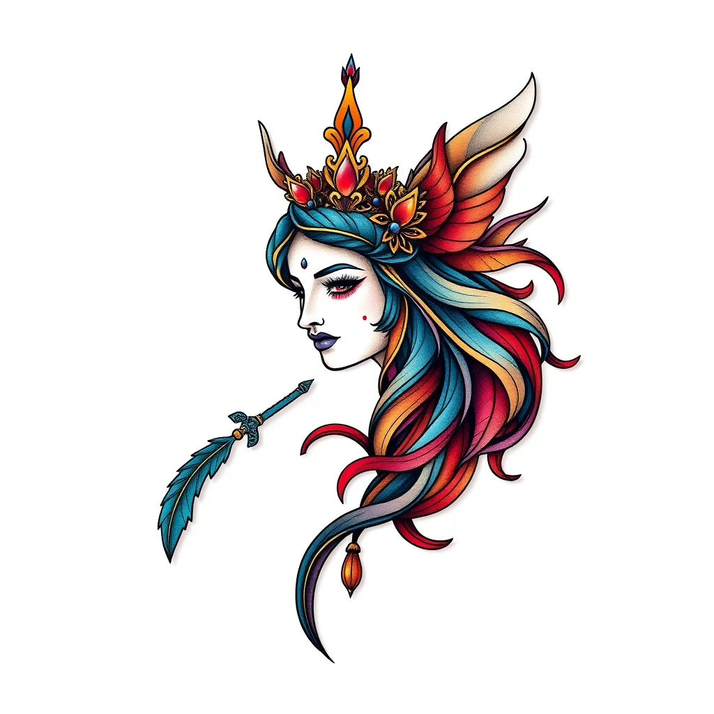 Colorful Fortuna tattoo featuring a crowned woman