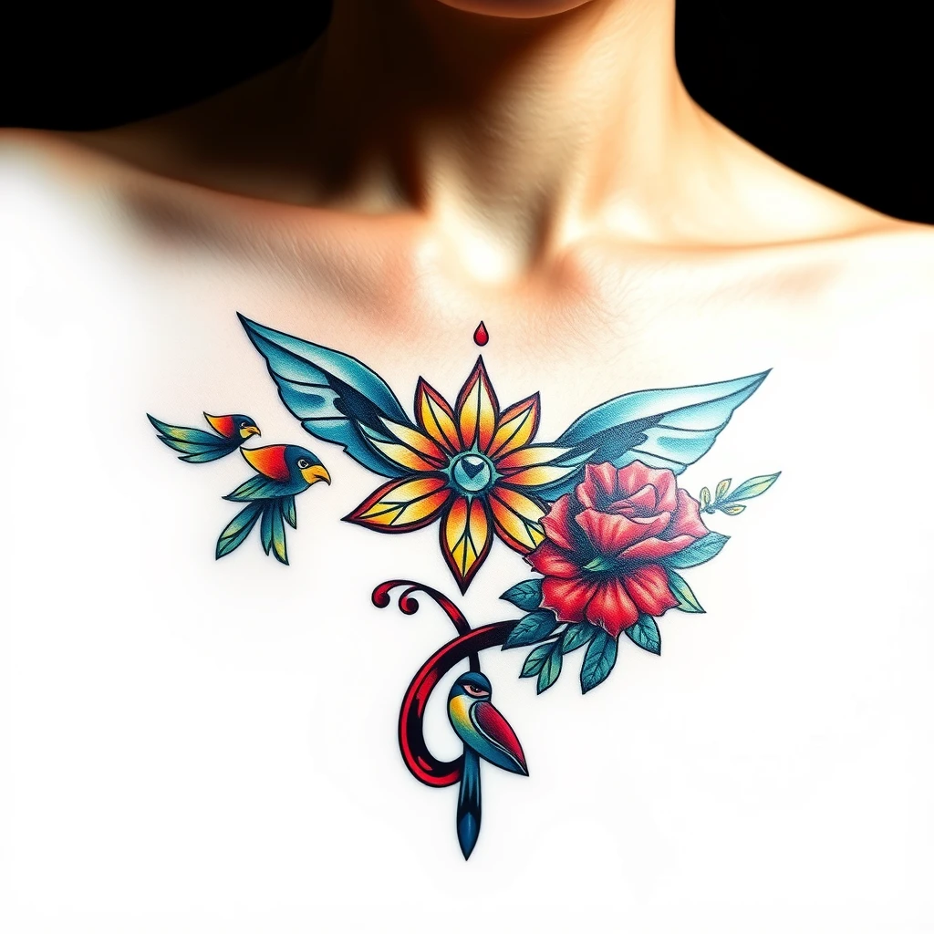 Sonder tattoo featuring vibrant flowers and birds