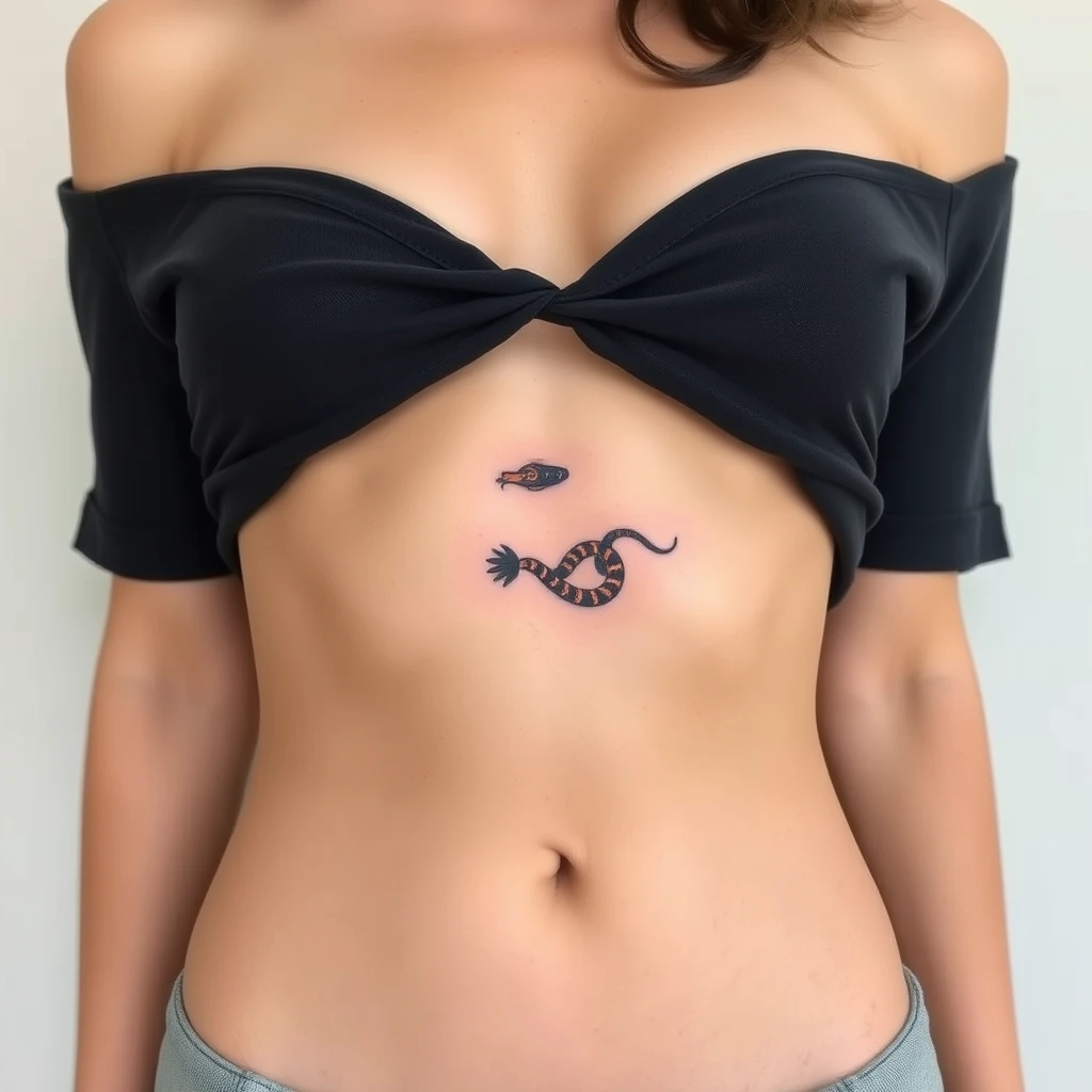 Colorful minimalist snake tattoo on women's underboob