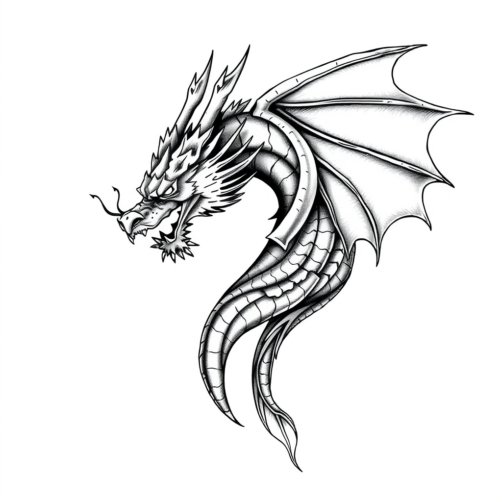 Tattoo of a dragon in black and white realism style