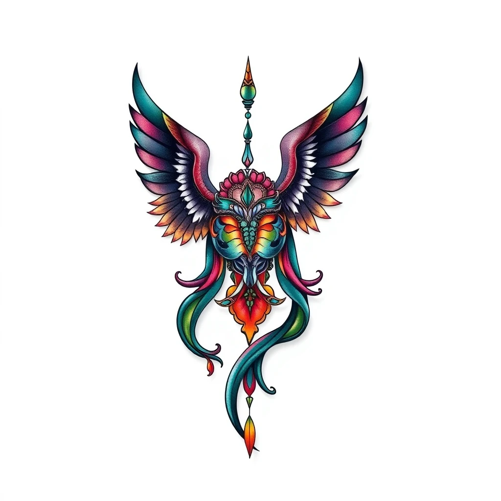 Colorful Gaia tattoo featuring majestic wings