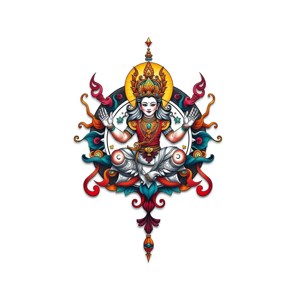 Colorful Samsara tattoo of a seated deity