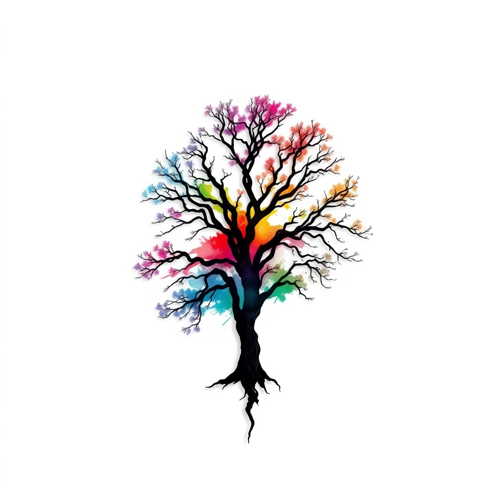 Colorful tree silhouette tattoo with vibrant colors